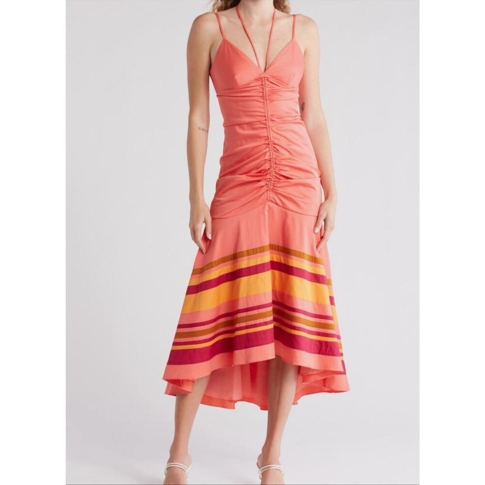 Veronica Beard Fitz High Low Coral Cotton Blend Ruched Midi Dress US 2